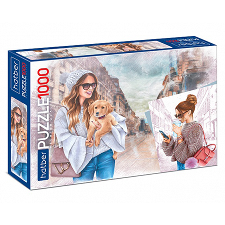 картинка Пазлы " Hatber " 1000элементов Premium Девушка с собачкой 68*48см, картонная упаковка