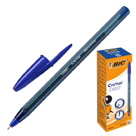 картинка Ручка шариковая " BiC " Cristal Exact синяя 0,7мм, толщина письма 0,32мм, игольчатый пишущий узел, чернила на масляной основе, колпачок с клипом, цвет корпуса- тонированный синий, картонная упаковка
