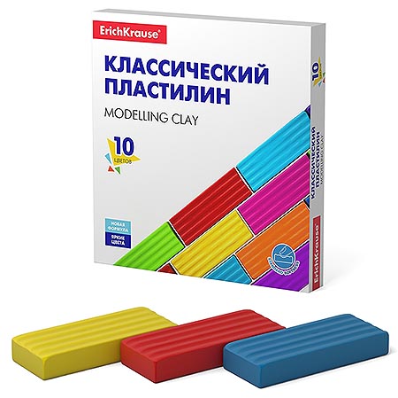 картинка Пластилин " Erich Krause " Basic 10цв, 160г, картонная коробка, индивидуальная упаковка бруска «flow-pack»