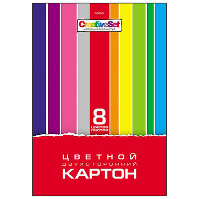 картинка Картон цветной А4 мелованный, двухсторонний, 8л 8цв " Hatber " Creative Set, 190г/м2, в папке
