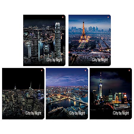 картинка Тетрадь А5 48л клетка " Альт " Ночные города, офсет, на скобе, обложка - мелованный картон, сплошной УФ-лак, скругленные углы, 5 дизайнов в спайке