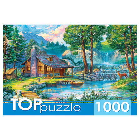 картинка Пазлы " TOPpuzzle " 1000элементов Домик у лесного пруда, 68,5*48,5см, картонная упаковка 19*15,1*6,5см