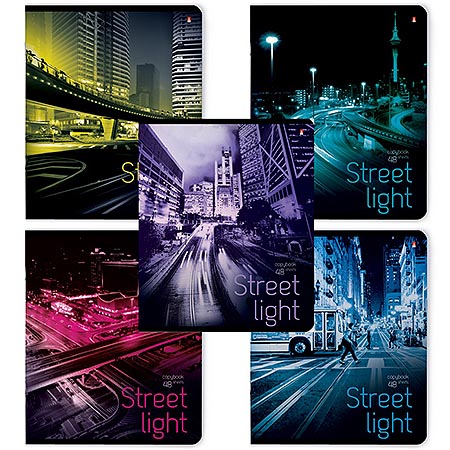 картинка Тетрадь А5 48л клетка " Альт " Ритм мегаполиса, офсет, на скобе, обложка - мелованный картон, сплошной УФ-лак, скругленные углы, 5 дизайнов в спайке