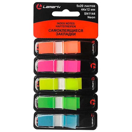 картинка Закладки самоклеящиеся " Lamark " 44*12мм, 5цв*20л (оранжевый, зеленый, желтый, синий, розовый), неон пластик, пластиковый диспенсер