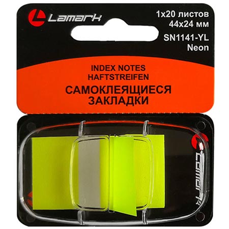 картинка Закладки самоклеящиеся " Lamark " 44*24мм, 1цв*20л (желтый), неон пластик, пластиковый диспенсер