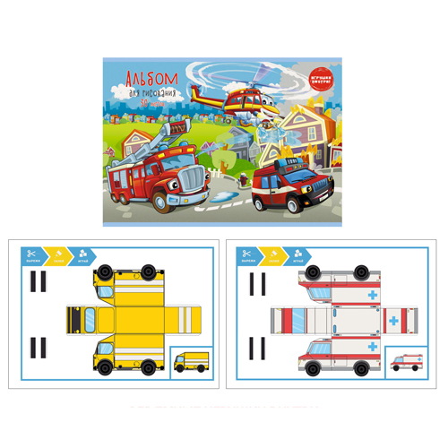 картинка Альбом А4 30л " Эксмо " Поисково-спасательная техника, на скобе, обложка - мелованный картон, глянцевая ламинация, блок- офсет 120г/м2, 2 л. для вырезания с объемными фигурами