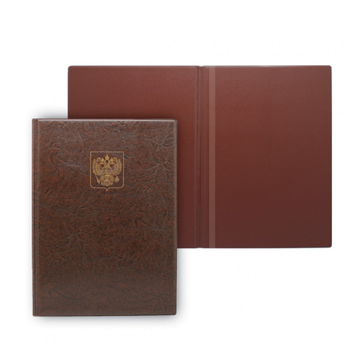 картинка Папка адресная " ДПС " Герб России, коричневая 220*320мм тиснение фольгой, ляссе, вместимость до 80л, кожзам