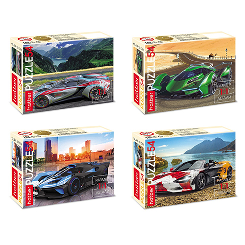 картинка Пазлы " Hatber "  54элемента Гоночные авто 17,5*13см, 4 дизайна, картонная упаковка
