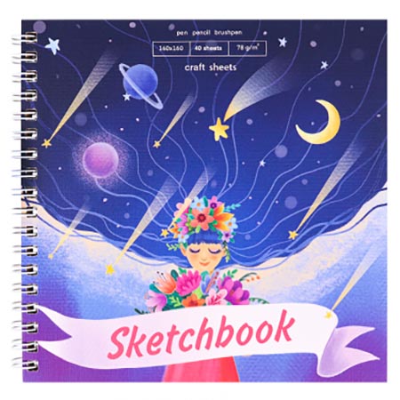 картинка Скетчбук, крафт-бумага 78г/м2, 160*160мм, 40л, спираль, без линовки, обложка - мелованный картон, лен, жесткая подложка, " Миленд " Девочка