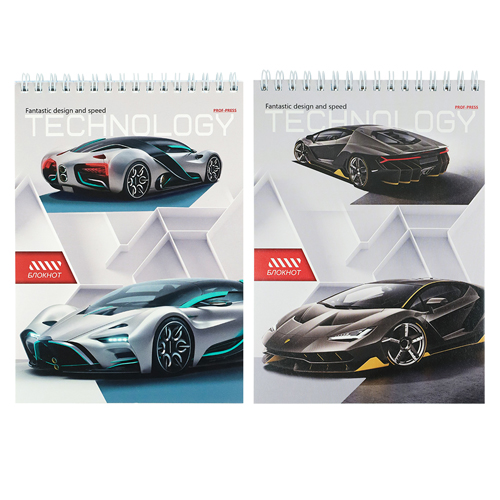 картинка Блокнот А5 спираль сверху 80л " Проф-Пресс " Технологичные спорткары, клетка, обложка - цветной мелованный картон, белый офсет, жесткая подложка