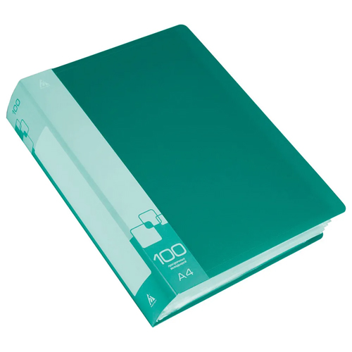 картинка Папка 100файлов " Бюрократ " А4 зеленая, пластик 0,8мм,торцевой карман с бумажной вставкой