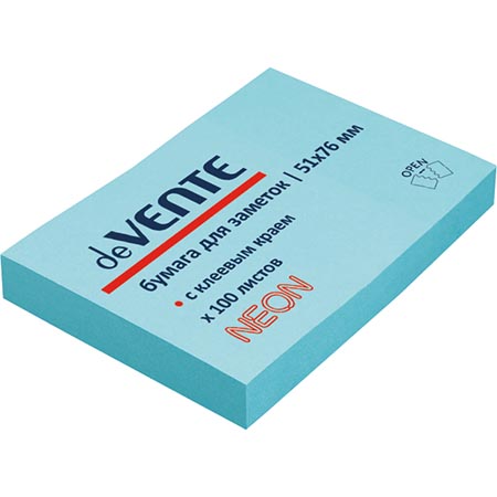 картинка Блок самоклеящийся (стикеры) 51*76мм 100л неон, голубой " deVente "
