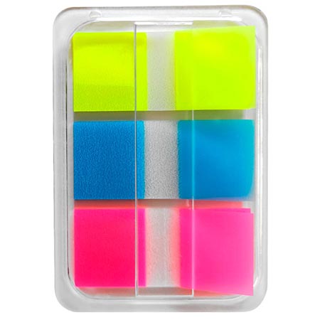 картинка Закладки самоклеящиеся " Lamark " 44*20мм, 3цв*20л (желтый, синий, розовый), неон пластик, пластиковый диспенсер