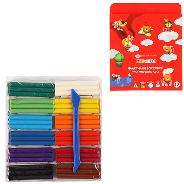 картинка Пластилин " Цветик " 12цв 180г восковой со стеком, картонная упаковка