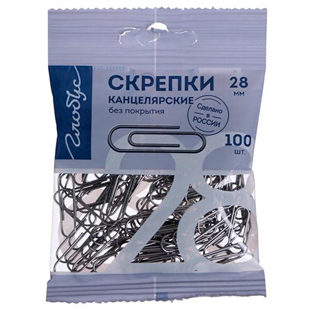 картинка Скрепки " Глобус " 28мм без покрытия 100шт, пакет с европодвесом