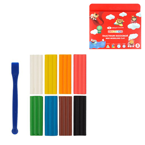 картинка Пластилин " Цветик " 8цв 120г восковой со стеком, картонная упаковка