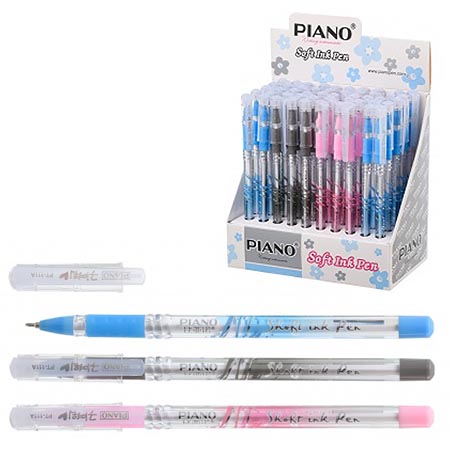 картинка Ручка шариковая " Piano " в дисплее синяя 0,5мм, толщина письма 0,25мм, резиновый держатель, игольчатый пишущий узел, чернила на масляной основе, прозрачный корпус