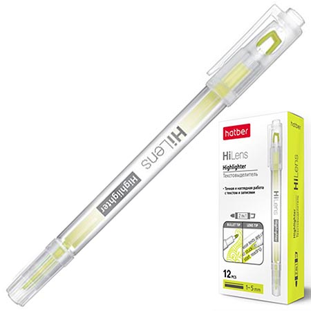 картинка Текстовыделитель двусторонний, пулевидный/скошенный наконечник, 1-5мм, желтый, Hi-Lens " Hatber " картонная упаковка