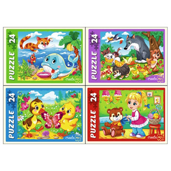картинка Пазлы " Рыжий кот "  24элемента Веселые истории 17,5*13см, 4 дизайна, картонная упаковка 9*6,5*2,5см