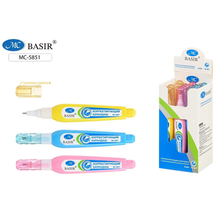 картинка Корректирующая ручка " Basir " 4мл, металлический наконечник, на спиртовой основе, цветной корпус, ассорти, картонная упаковка