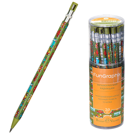картинка Карандаш механический " Bruno Visconti " FunGraphix Машинки 2мм, шестигранный, пластиковый, с точилкой, пластиковая туба