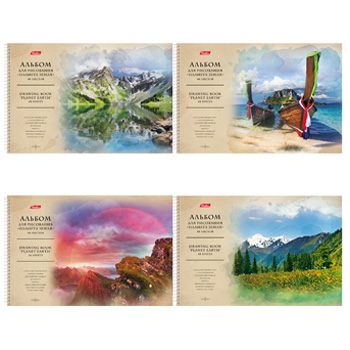 картинка Альбом А4 48л спираль " Hatber " Планета Земля (ассорти), обложка- мелованный картон, тиснение, отрывные листы, блок- офсет 100г/м2, 5 дизайнов в спайке