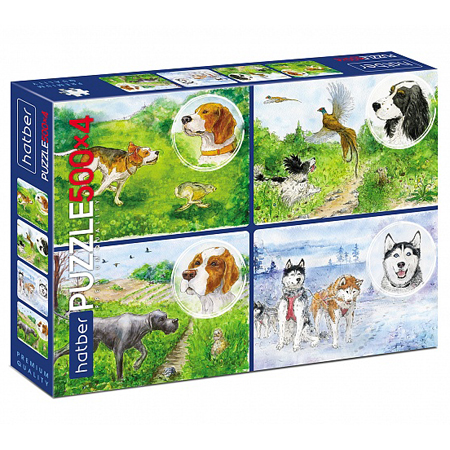 картинка Пазлы " Hatber " 2000элементов Premium Охотничьи истории 46*34см, 4 картинки в 1 коробке, картонная упаковка