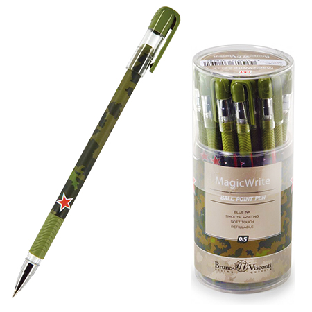 картинка Ручка шариковая " Bruno Visconti " MagicWrite, Милитари синяя 0,5мм, толщина письма 0,38мм, пластиковый корпус, покрытие soft-touch, цвета корпуса - зеленый с рисунком, резиновый держатель, металлический наконечник, сменный стержень, колпачок с клипом, пл