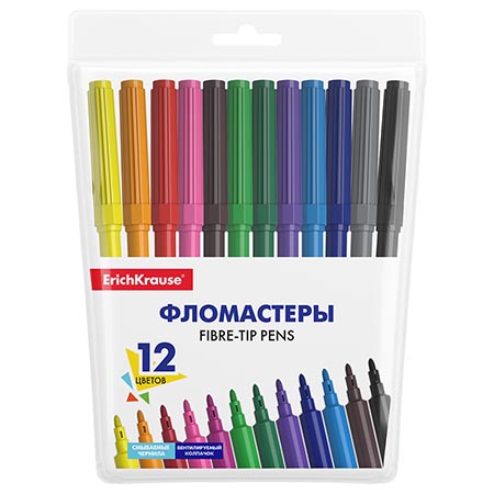 картинка Фломастеры " Erich Krause " Basic 12цв смываемые, на водной основе, круглые, вентилируемый колпачок, ПВХ упаковка, европодвес