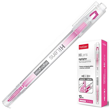 картинка Текстовыделитель двусторонний, пулевидный/скошенный наконечник, 1-5мм, розовый, Hi-Lens " Hatber " картонная упаковка