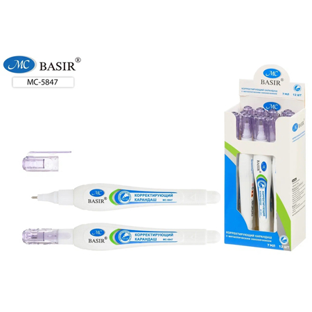 картинка Корректирующая ручка " Basir " 7мл, металлический наконечник, на спиртовой основе, картонная упаковка