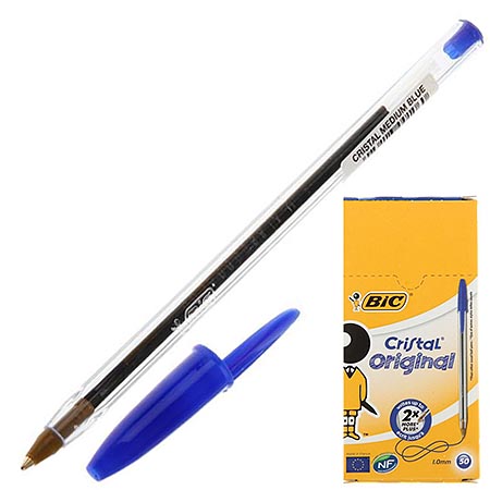 картинка Ручка шариковая " BiC " Cristal Original синяя 1,0мм, толщина письма 0,32мм, колпачок с клипом, цвет корпуса- прозрачный, картонная упаковка