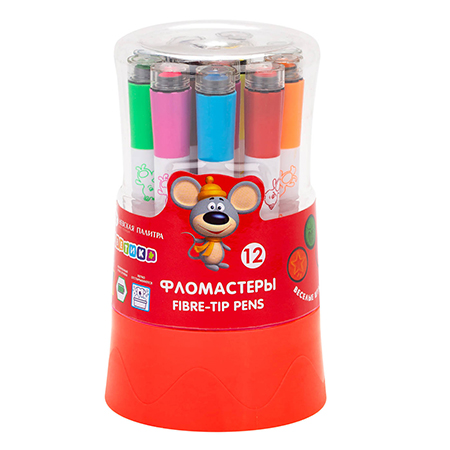 картинка Фломастеры " Цветик " 12цв со штампами, круглые, пластиковый тубус