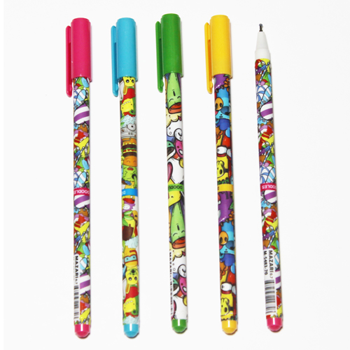 картинка Ручка шариковая " Mazari " Doodles синяя 0,7мм, толщина письма 0,35мм, игольчатый пишущий узел, чернила на масляной основе, цветной корпус, 3 дизайна, сменный стержень 128мм, картонный дисплей