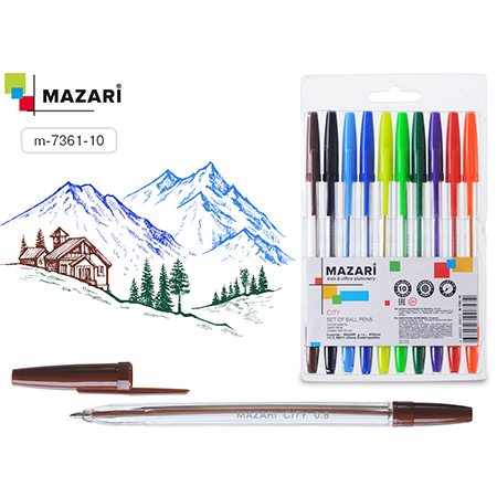 картинка Набор шариковых ручек " Mazari " City 0,8мм 10цв, пулевидный пишущий узел, корпус пластиковый цветной, сменный стержень 137мм, ПВХ-упаковка на молнии