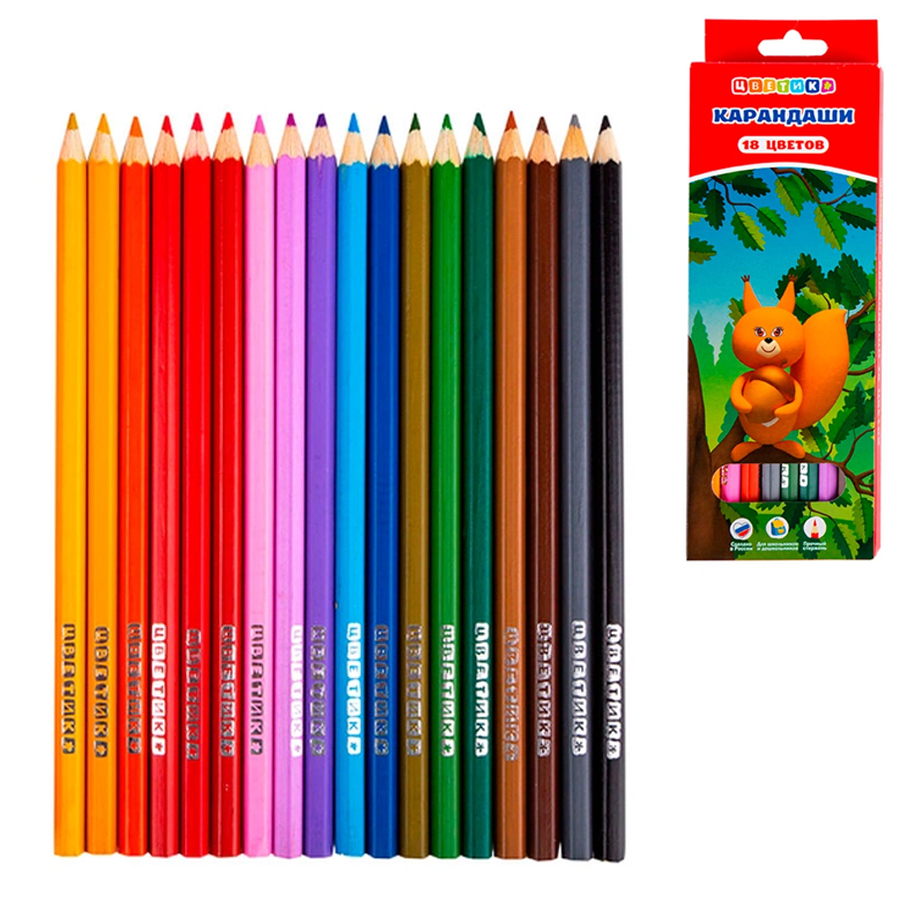 картинка Карандаши цветные деревянные шестигранные 18цв " Цветик " картонная упаковка, европодвес