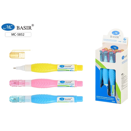 картинка Корректирующая ручка " Basir " 4мл, металлический наконечник, на спиртовой основе, цветной корпус, ассорти, картонная упаковка