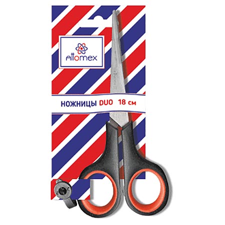 картинка Ножницы " Attomex " Duo 17см металлические, пластиковые ручки с резиновыми вставками, черные с красным, картонный блистер, европодвес