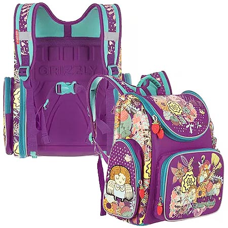 картинка Ранец " Grizzly " 34*37*18см фиолетовый - мята 1 отделение, 2 боковых кармана, 1 карман впереди, внутренний пенал-органайзер, эргономичная твердая спинка, светоотражающие элементы, ручка-петля, регулируемые лямки, полиэстер