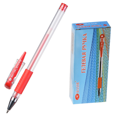картинка Ручка гелевая " Basir " красная 0,5мм, толщина письма 0,25мм, резиновый держатель, металлический наконечник, прозрачный корпус, колпачок с клипом в цвет чернил