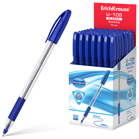 картинка Ручка шариковая " Erich Krause " Ultra Glide Technology U-109 Classic Stick&Grip синяя 1,0мм, треугольная, рифленый держатель, игольчатый пишущий узел, прозрачный корпус, картонная упаковка