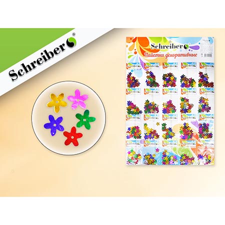 картинка Пайетки декоративные " Schreiber " Цветочки, 20 пакетиков на картонной подложке