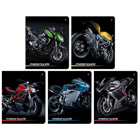 картинка Тетрадь А5 48л клетка " Альт " Спортивные мотоциклы, офсет, на скобе, обложка - мелованный картон, сплошной УФ-лак, скругленные углы, 5 дизайнов в спайке