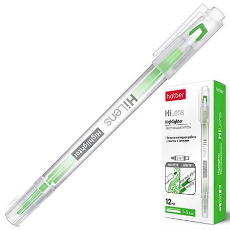картинка Текстовыделитель двусторонний, пулевидный/скошенный наконечник, 1-5мм, зеленый, Hi-Lens " Hatber " картонная упаковка
