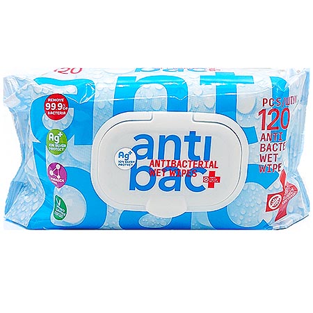 картинка Салфетки влажные 120шт " Antibac " Антибактериальные, клапан, пластиковая крышка