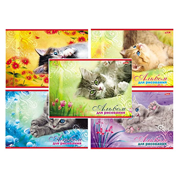 картинка Альбом А4 20л " Hatber " Котята (ассорти), на скобе, обложка- мелованный картон, блок- офсет 100г/м2, 1 дизайн в спайке, 5 дизайнов в коробке