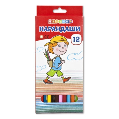картинка Карандаши цветные деревянные шестигранные 12цв " Цветик " картонная упаковка, европодвес