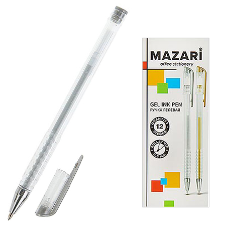 картинка Ручка гелевая " Mazari " Rain серебряная 0,8мм, толщина письма 0,4мм, рифленый держатель, металлизированный наконечник, стержень 130мм, прозрачный пластиковый корпус, картонная упаковка