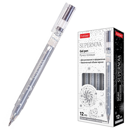 картинка Ручка гелевая " Hatber " Supernova серебряная 0,6мм, толщина письма 0,3мм, цветной пластиковый корпус, картонная упаковка