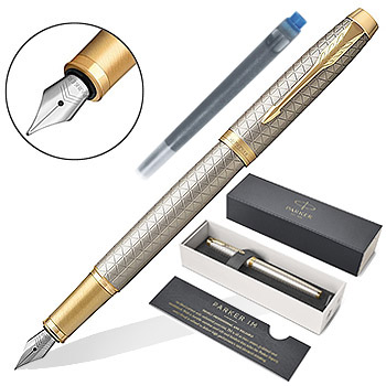 картинка Ручка подарочная перьевая " Parker " IM Premium F323 Grey GT 1 картридж синего цвета, корпус- анодированный алюминий с фирменной гравировкой, цвет корпуса- серебристый матовый, клип- латунь с позолотой, подарочный футляр